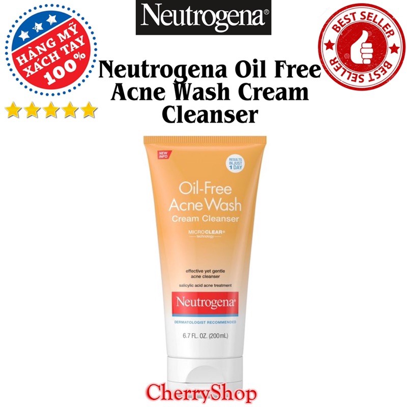 [Hàng USA] Sửa rửa mặt ngừa mụn Neutrogena Oil Free Acne Wash Cream Cleanser (200ml)