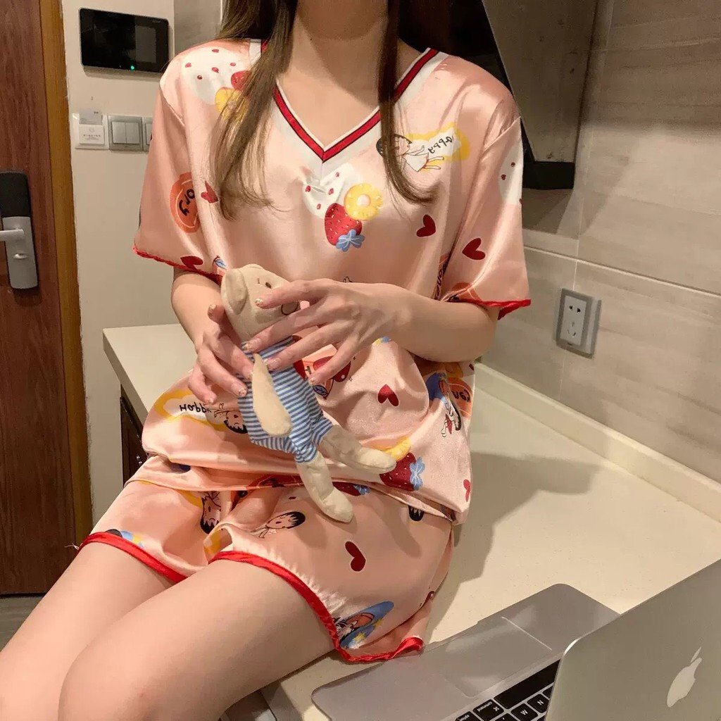 Đồ Bộ Nữ - Đồ Bộ Ngủ Nữ Cổ chứ V Satin Cộc tay dành cho mùa hè ngộ nghĩnh đáng yêu MÃ QA07