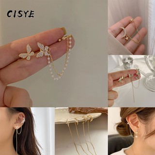 Bộ khuyên tai dạng kẹp hình bướm phối dây xích tua rua phong cách Hàn Quốc