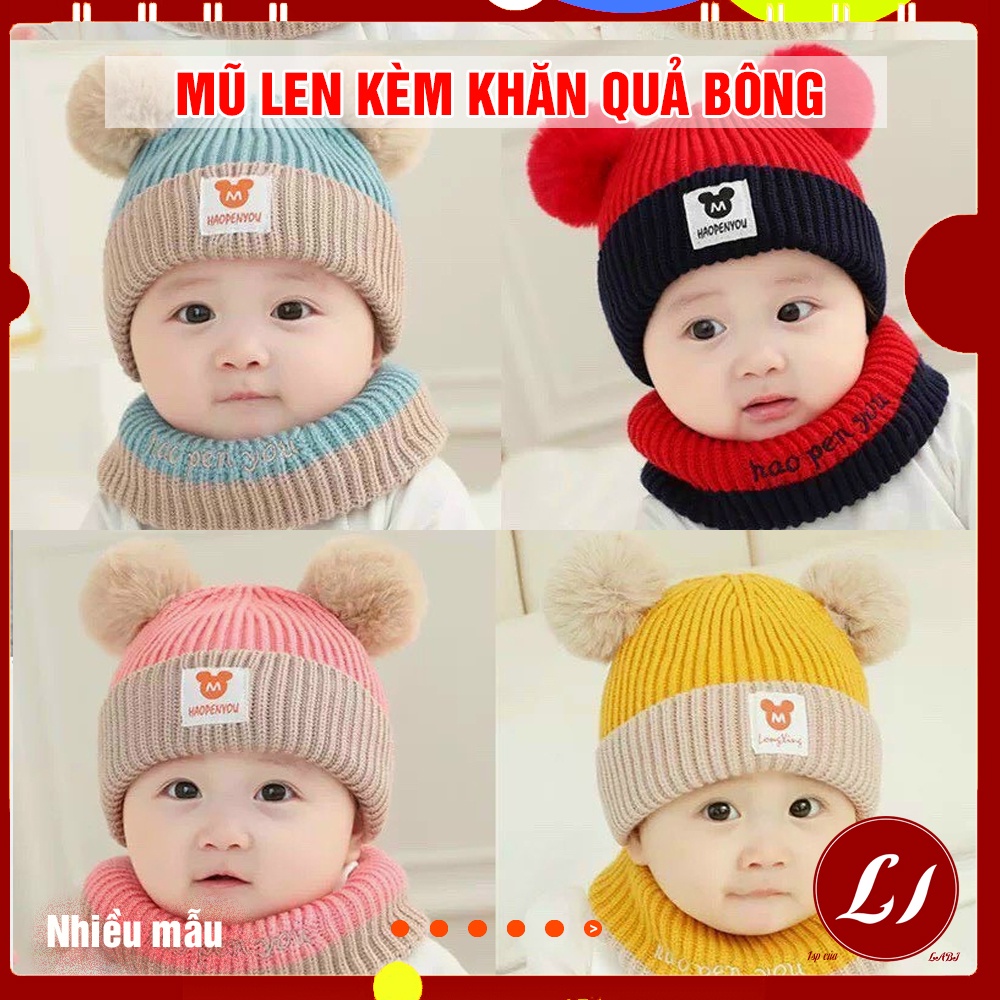 Mũ len kèm khăn QUẢ BÔNG M mềm mịn, giữ ấm cho bé (0-3 tuổi)