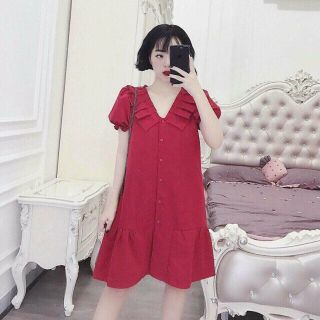Đầm bầu đỏ đô cổ sơ mi xếp ly