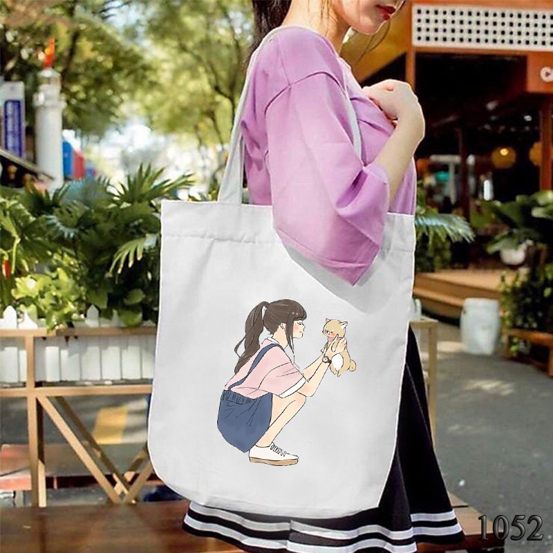 TÚI TOTE TRẮNG CHẤT VẢI CANVAS 1052 HER AND CAT DỄ THƯƠNG HÀNG CHUẨN ĐẸP