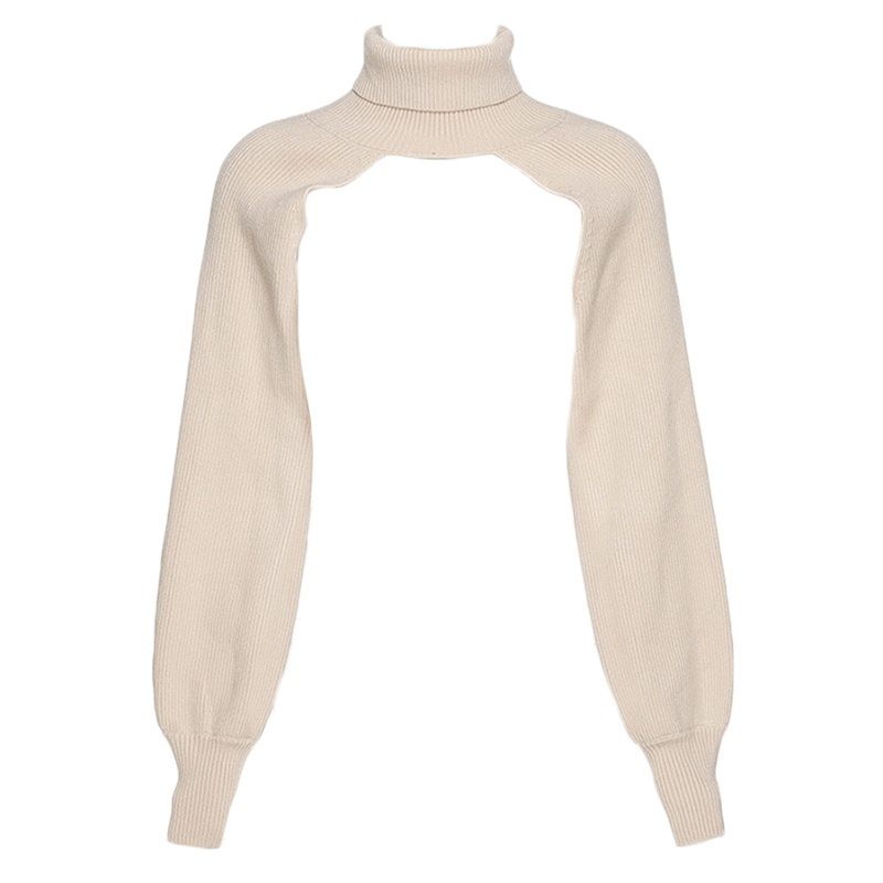 Áo Sweater Croptop Dệt Kim Tay Phồng Dài Cổ Lọ Màu Sắc Đơn Giản Cho Nữ