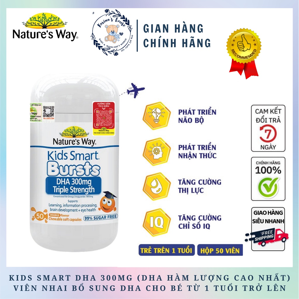 Viên Uống Nature's Way Kids Smart DHA 300mg Triple Strength Tăng Cường Sự Phát Triển Của Trẻ 50 Viên