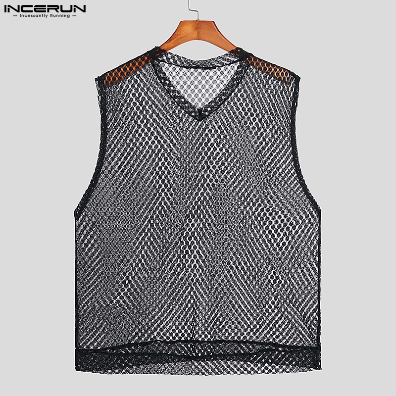 Áo thun ba lỗ INCERUN cổ chữ V màu đen phối lỗ thời trang dành cho nam