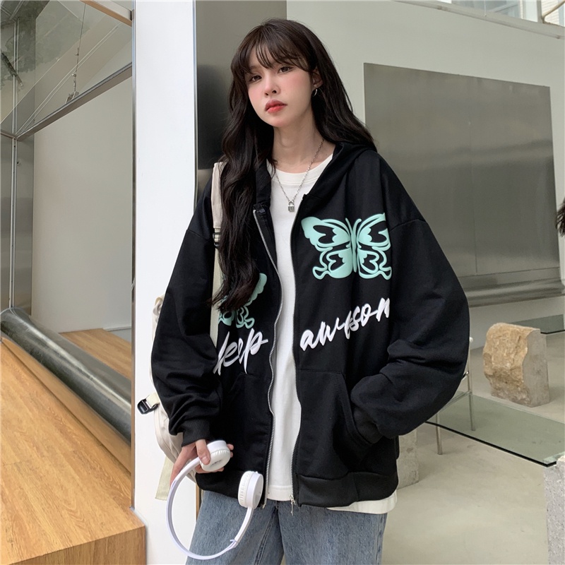 【ZHELIHANGFEI】Áo Khoác Cardigan Tay Dài Có Nón Form Rộng Theo Phong Cách Mỹ Dễ Phối Đồ