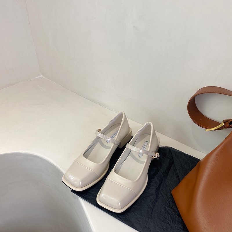 Giày Da Gót Dày Phối Khóa Cài Phong Cách Retro Pháp Thời Trang Xuân Thu Cho Nữ