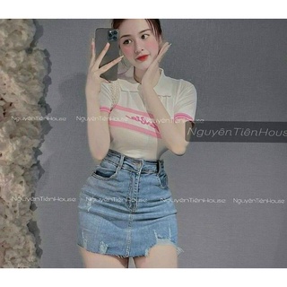 Áo polo ngắn tay cài cúc phối màu, Áo cổ bẻ in chữ Barbie
