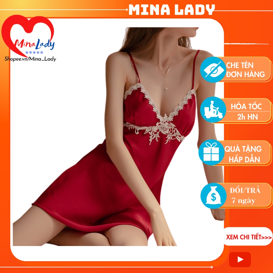 Váy ngủ lụa sexy nữ gợi cảm MINALADY kèm mút ngực phối ren quyến rũ-VL165