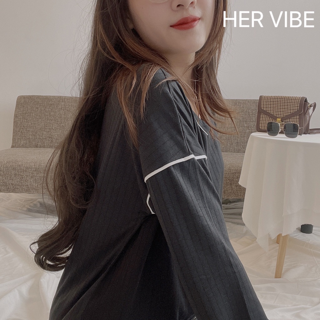 Bộ mặc nhà quần dài bộ đồ ngủ nữ pijama chất cotton sọc siêu thấm hút quần dài áo dài tay hình dễ thương Her Vibe | BigBuy360 - bigbuy360.vn
