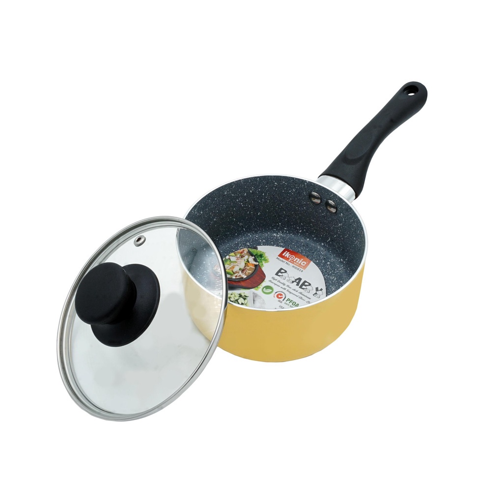Nồi nấu bột, quánh bột cho bé IKONIC IK6814 chống dính lòng nồi phủ vân đá với nắp kính cường lực
