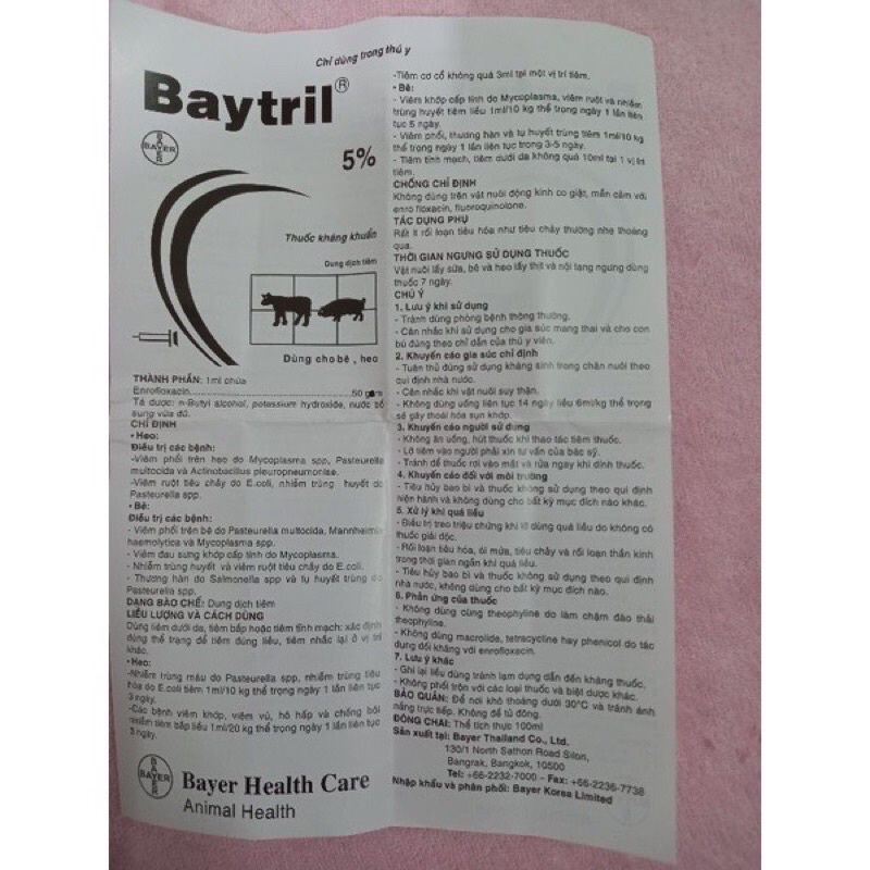 Baytril 5% của thái lan chai 100ml
