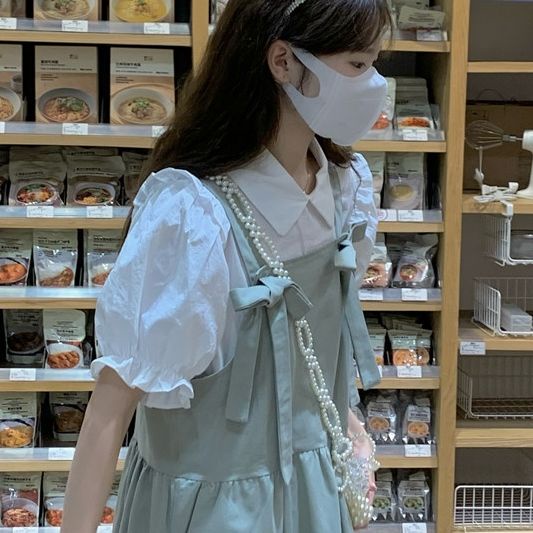 Bộ Áo Sơ Mi Tay Phồng Đính Nơ + Chân Váy Yếm Dài Phong Cách Hàn Quốc Thời Trang Mùa Hè Cho Nữ