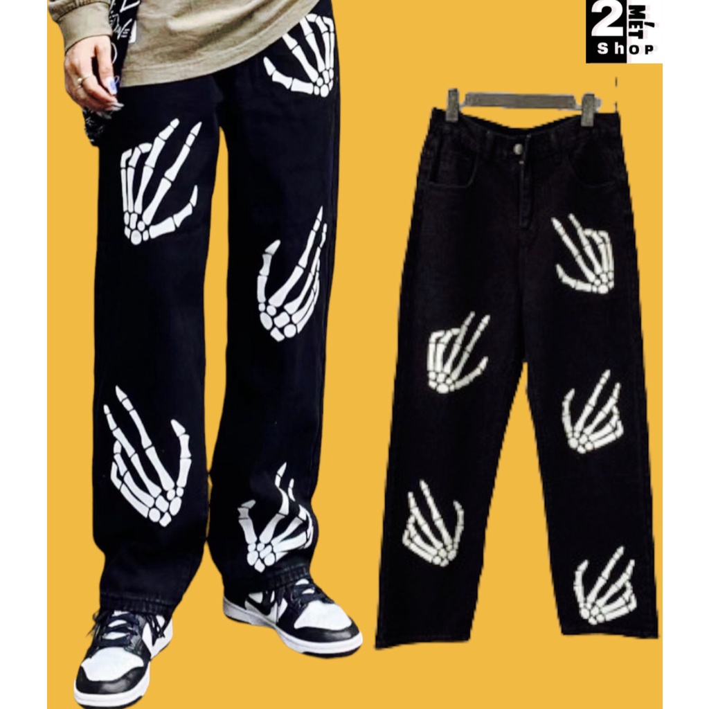 ⚡𝐒𝐈𝐄̂𝐔 𝐇𝐀̂́𝐏 𝐃𝐀̂̃𝐍⚡Quần jean suông bàn tay xương ✅ Chất vải jean đen co dãn