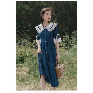 Đầm vinatge midi xanh phối ren cổ bèo thắt eo váy boho du lịch sống ảo xoè tiểu thư cô gái hà lan thổ cẩm đẹp hình thật