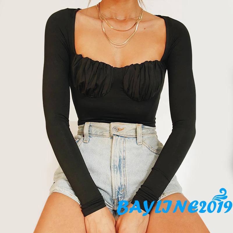 Áo Croptop Tay Dài Cổ Vuông Màu Trơn Thời Trang Cho Nữ