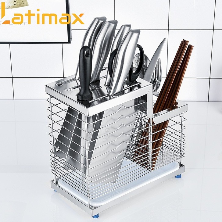 Kệ đựng dao kéo kèm ống đựng đũa 2 ngăn inox 304 Latimax Cao cấp có khay hứng nước