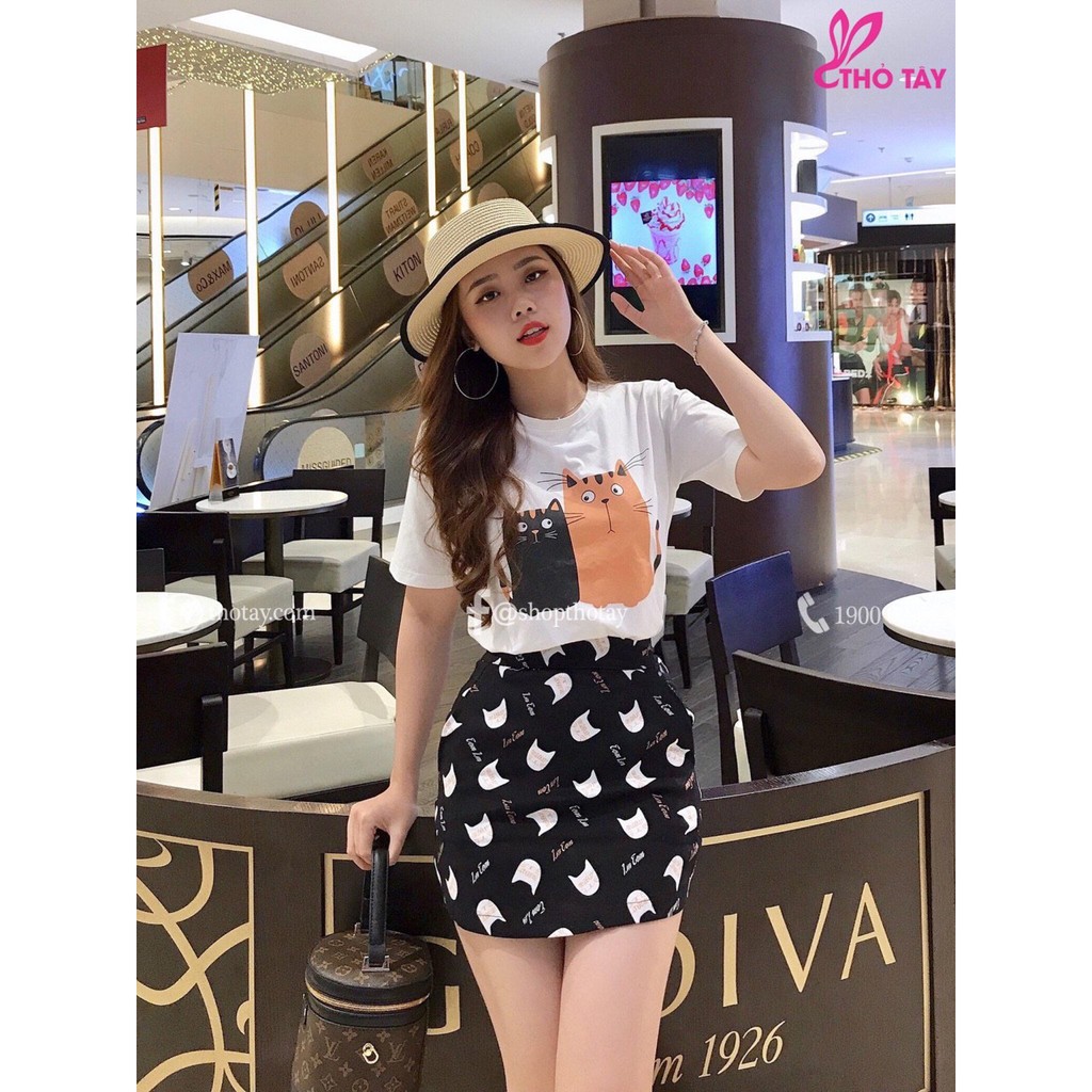 Sét Áo Thun Phối Chân Váy In Hình Mèo Ngộ Nghĩnh TTS0584