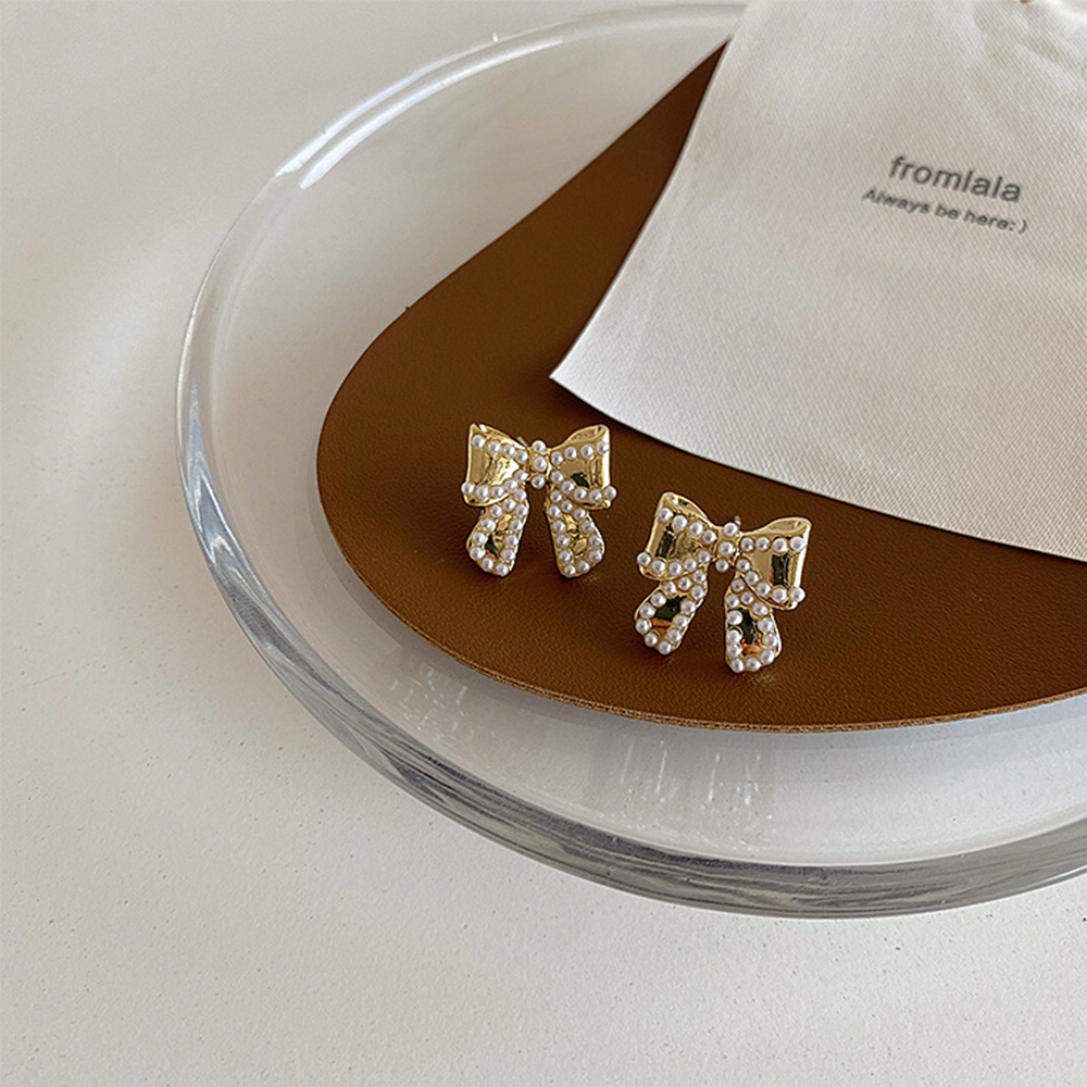 Đôi Bông Tai Hình Nơ Đính Ngọc Trai Giả Thời Trang Cho Nữ