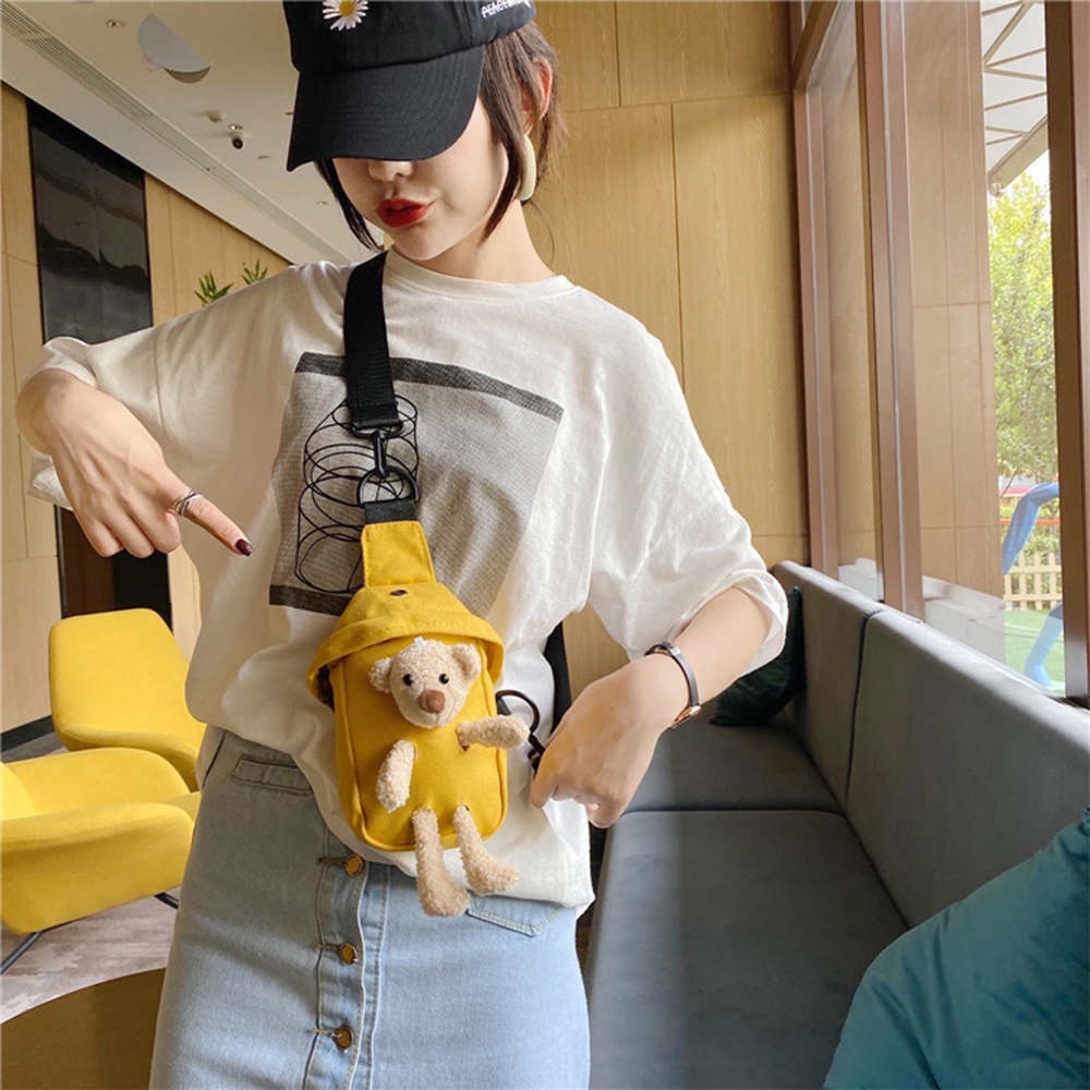 Túi đeo chéo trước ngực ONUOBAO vải canvas trang trí gấu hoạt hình dễ thương dành cho học sinh