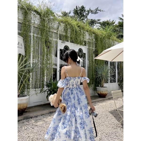 Beachclub-đầm midi nhún ngực tay phồng