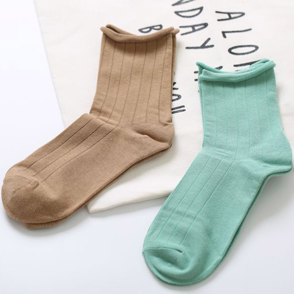 Women Girl Cotton Solid Color Loose Roll Up Casual Socks
