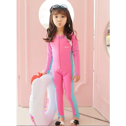 Đồ bơi liền thân tay dài quần dài chống nắng màu  hồng xanh thể thao bé trai và gái size đại