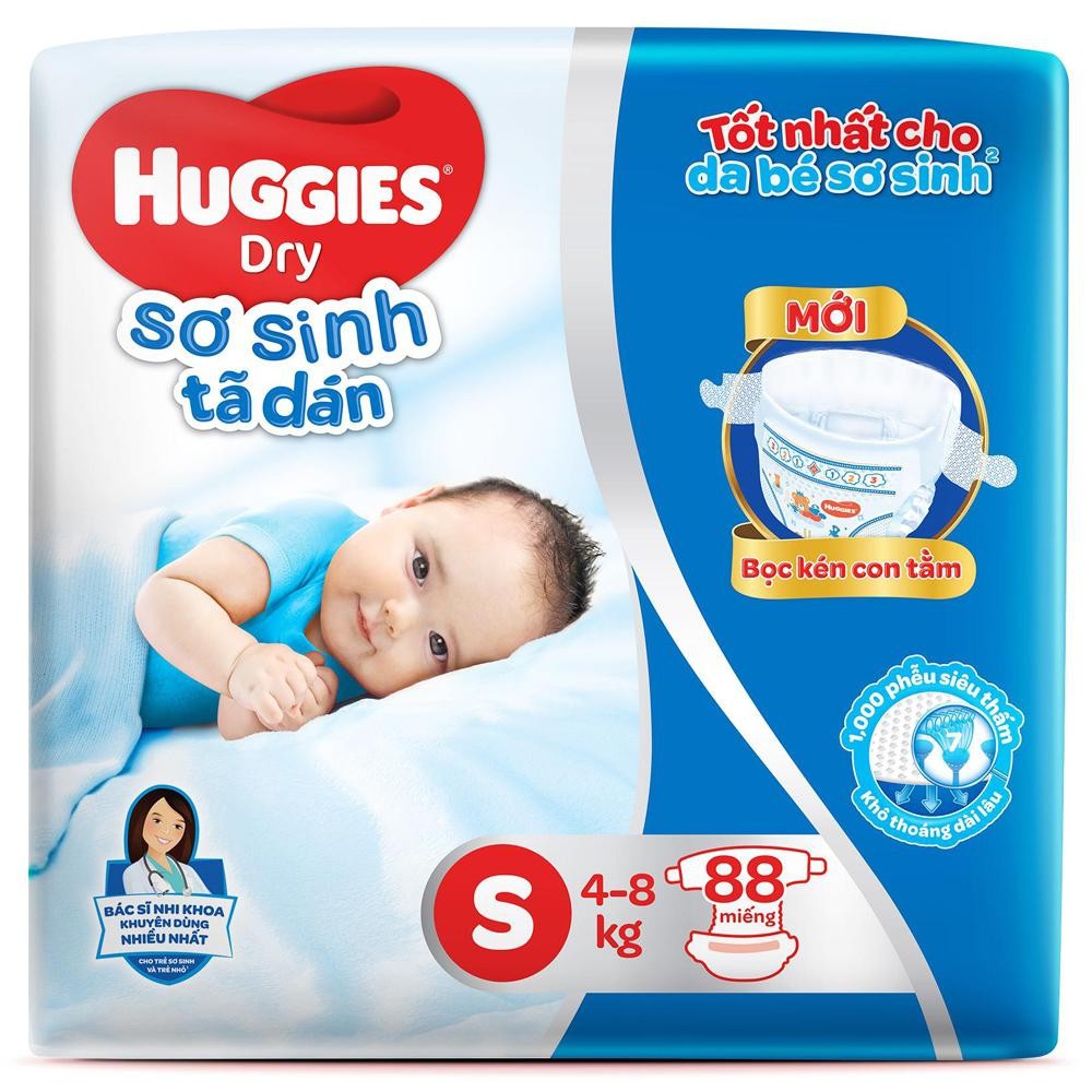 Bỉm tã dán sơ sinh Huggies Dry Bọc Kén Con Tằm size S 88 miếng (4-8kg)