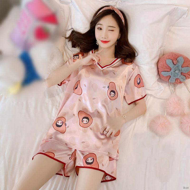 Bộ đồ ngủ Pijama ngắn tay cổ chữ V họa tiết hoạt hình thời trang nữ dễ thương