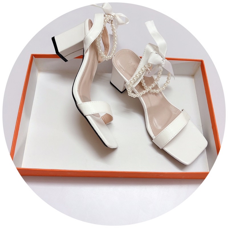[Kho buôn giày vnxk] GIÀY SANDAL QUAI NGANG GÓT VUÔNG 7p-2 VÒNG NGỌC CỔ CHÂN