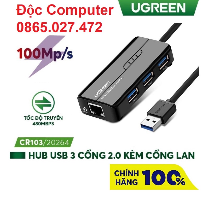 Bộ chia USB 2.0 (3 cổng)  kèm cổng mạng Ethernet 10/100Mbps Hub Usb Ugreen 20264- Hàng chính hãng