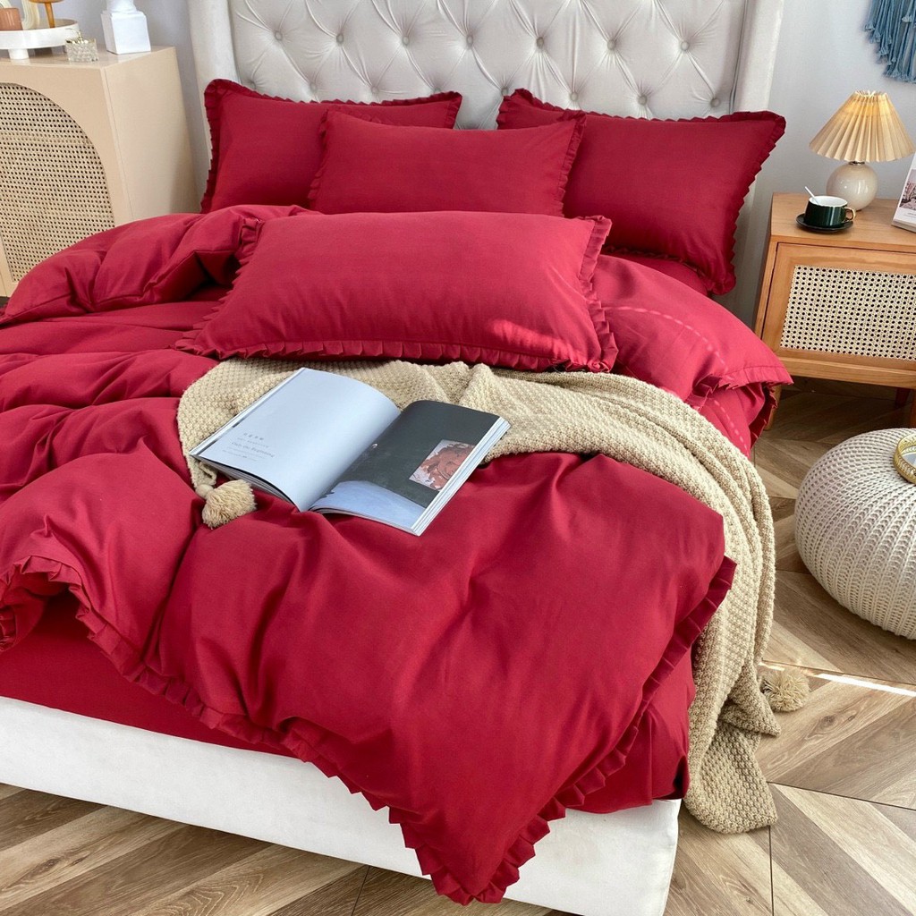 Bộ Chăn Ga Gối Cotton TICI LIDACO Bèo trơn - Đỏ Đậm
