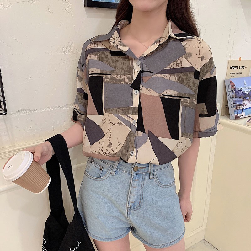 Áo sơ mi tay ngắn in họa tiết phong cách Hàn Quốc cổ điển