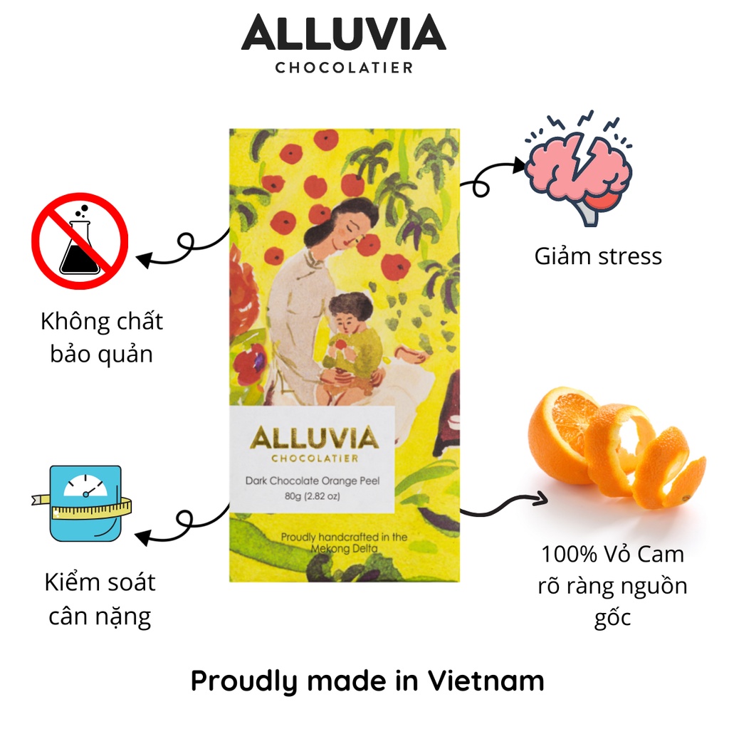 Socola đen nguyên chất nhân Vỏ Cam đắng vừa ít ngọt Alluvia, dark chocolate with orange peel