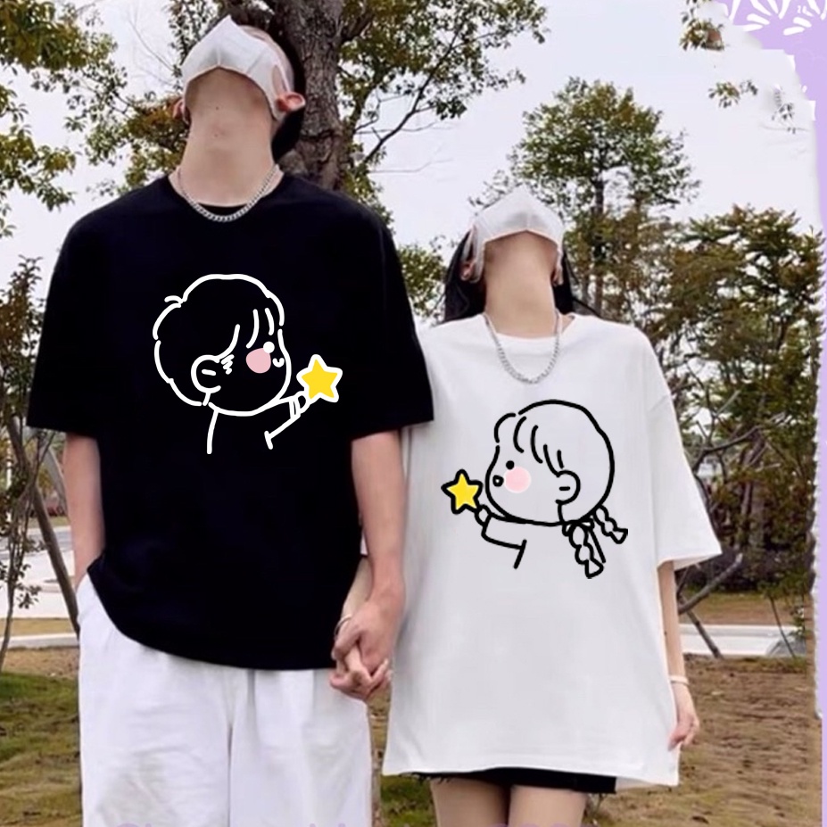 Áo thun Đôi fom rộng Nam nữ cực chất , hình chibi  tặng sao