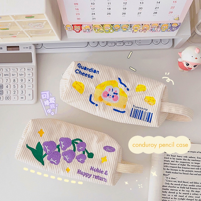 Hộp Bút Vải Gân Sọc Save The Earth Hoa Tulip Cheese Thêu Hình Hoặc Trơn (đọc mô tả)