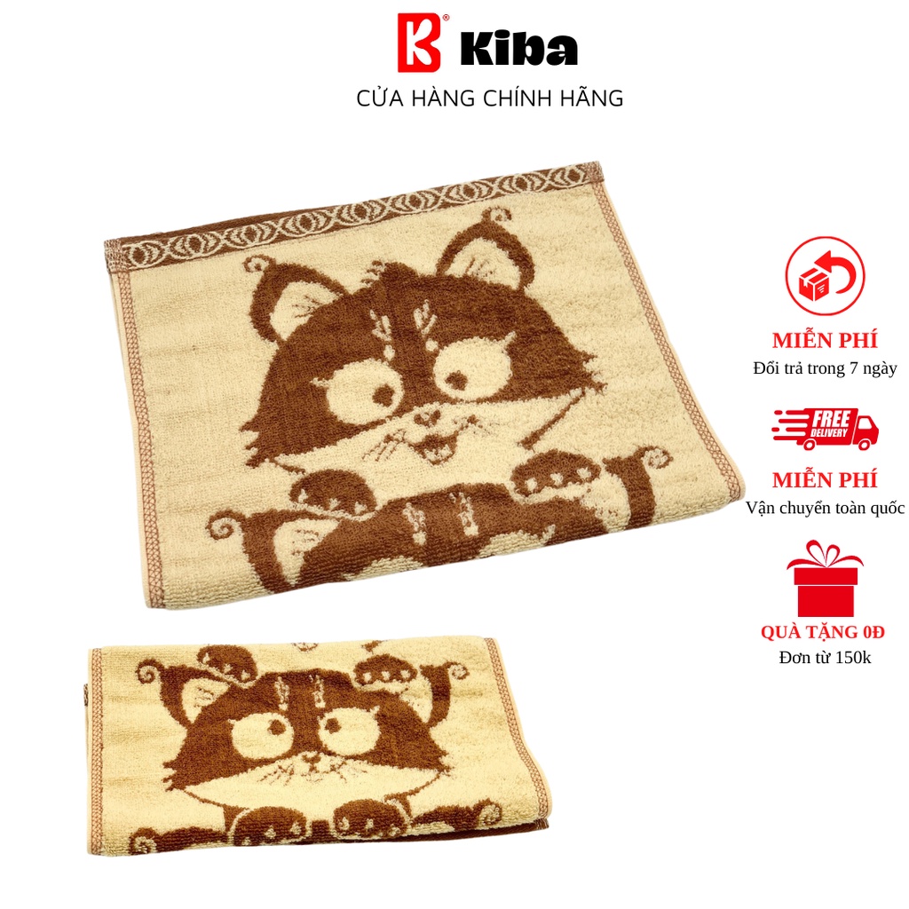 Khăn Mặt KIBA Họa Tiết Mèo Xinh Xắn Cỡ Bé 28x48cm, Chất Cotton Êm, Mềm, Dày Dặn Thấm Hút Tốt, An Toàn Cho Da