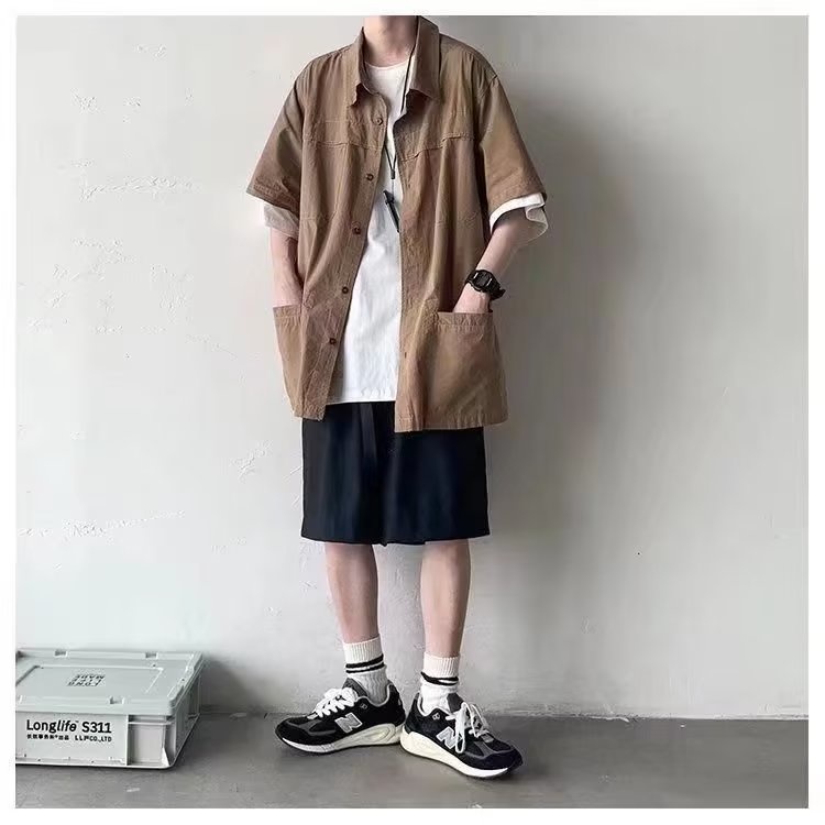 ✦AFFLIGA✦ Áo Sơ Mi Ngắn Tay Dáng Rộng Thời Trang Mùa Hè Phong Cách Retro Dành Cho Nam