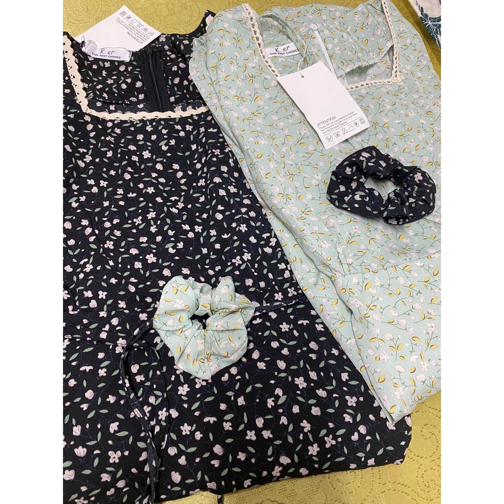 [Ảnh thật] Đầm - váy hoa nhí cổ ren kèm chun turban buộc tóc