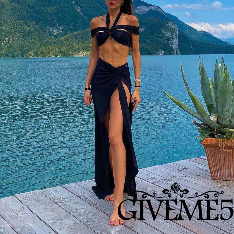 Set Đồ Mùa Hè 2 Món Gồm Áo Lửng Không Tay Hở Vai + Chân Váy Xẻ Tà Quyến Rũ Cho Nữ