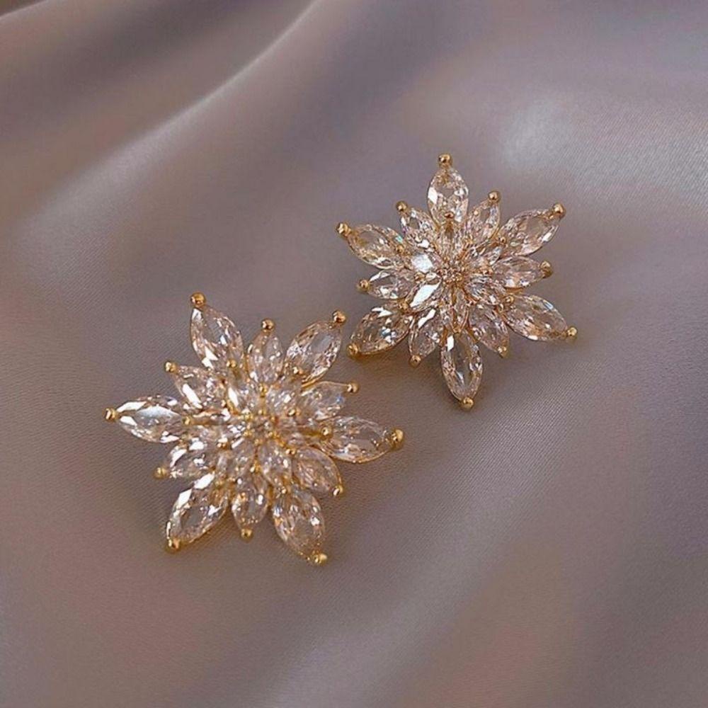 Bông Tai Hoa Tuyết Đính Đá Zircon|Bông Tai Hoa Sang Trọng Cho Nữ