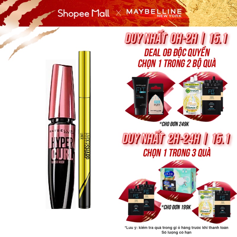 Bộ trang điểm Mascara Dài mi Cong Mi Hyper Curl &amp; Bút kẻ mắt siêu sắc mảnh không lem, trôi HyperSharp Maybeline New York