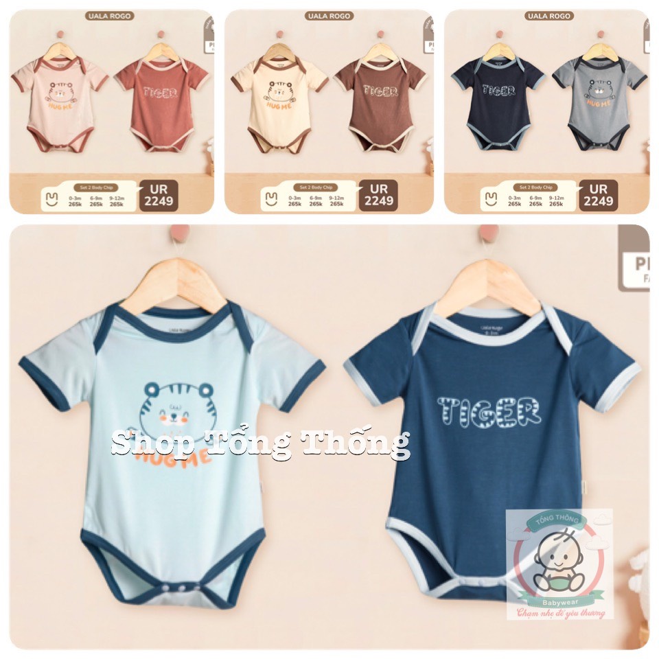 Set 2 body chip Uala Rogo chất vải Petit cao cấp mềm mịn thoáng mát ngắn tay in hổ tiger cho bé trai bé gái sơ sinh 2249