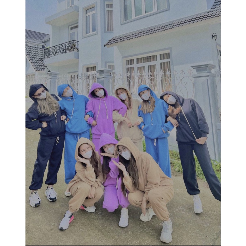 Set áo hoodie trơn chất đẹp + quần bom chun gấu DTR1221