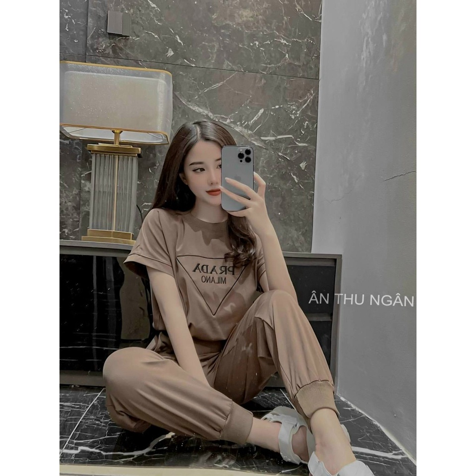 (Ưu Đãi FreeShip) Đồ bộ nữ,bộ cotton in chữ cực xinh áo phông phối quần ống bo có túi,bảng lưng to sang chảnh,hàng shop