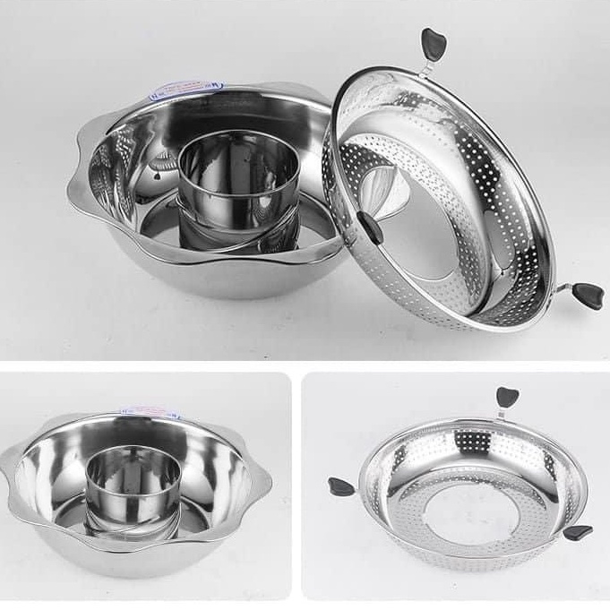 Nồi lẩu xoay 2 tầng dùng được cả bếp từ và bếp gas chất liệu inox không gi siêu tiện lợi