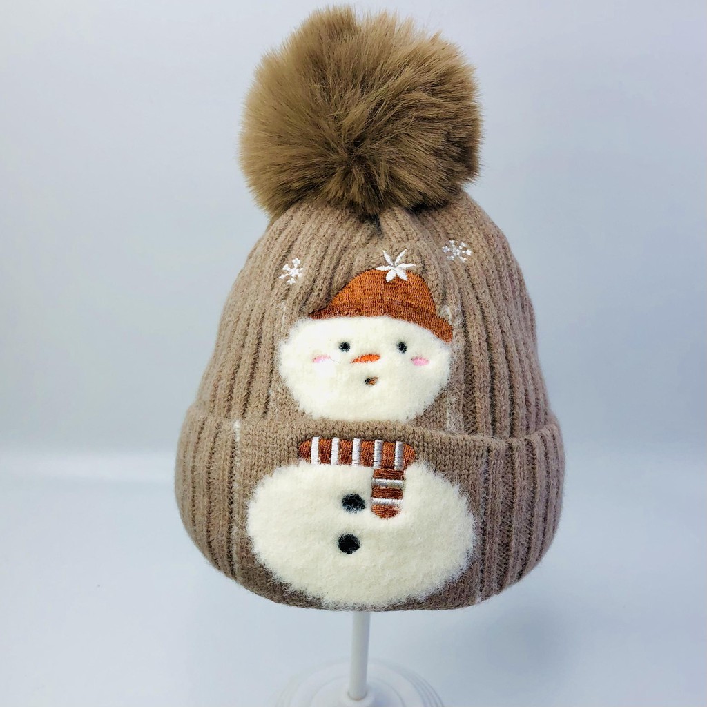 Mũ beanie, mũ len cho bé hình người tuyết dày dặn đính quả bông dễ thương phù hợp cho cả bé trai và bé gái
