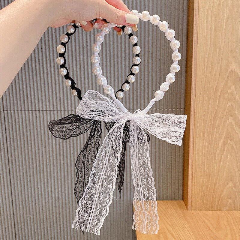 Băng Đô Cài Tóc Đính Ngọc Trai Và Ruy Băng Dài Thời Trang Cho Nữ