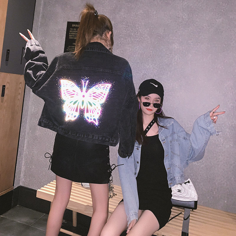 Korean Beauty Illuminate Butterfly Short Denim Jacket for Woman Casual Long Sleeved Loose Cropped Jeans Jacket Spring Autumn