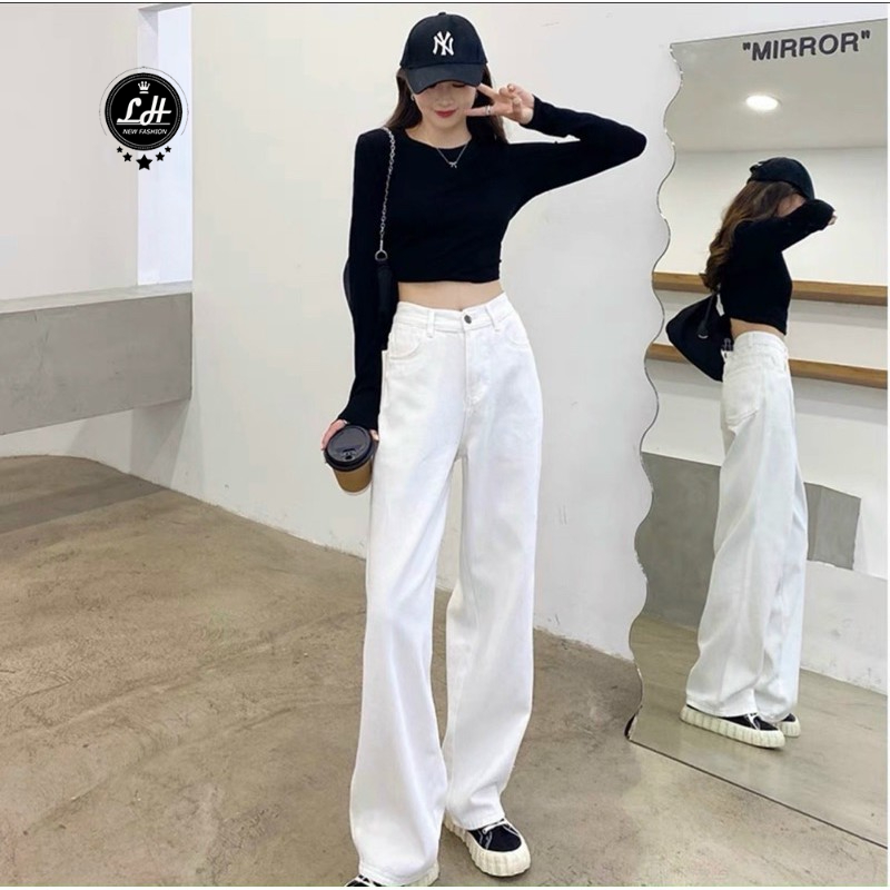 Quần jean trắng, quần bò ống suông nữ màu trắng ulzzang siêu cao Lê Huy Fashion MS 3334